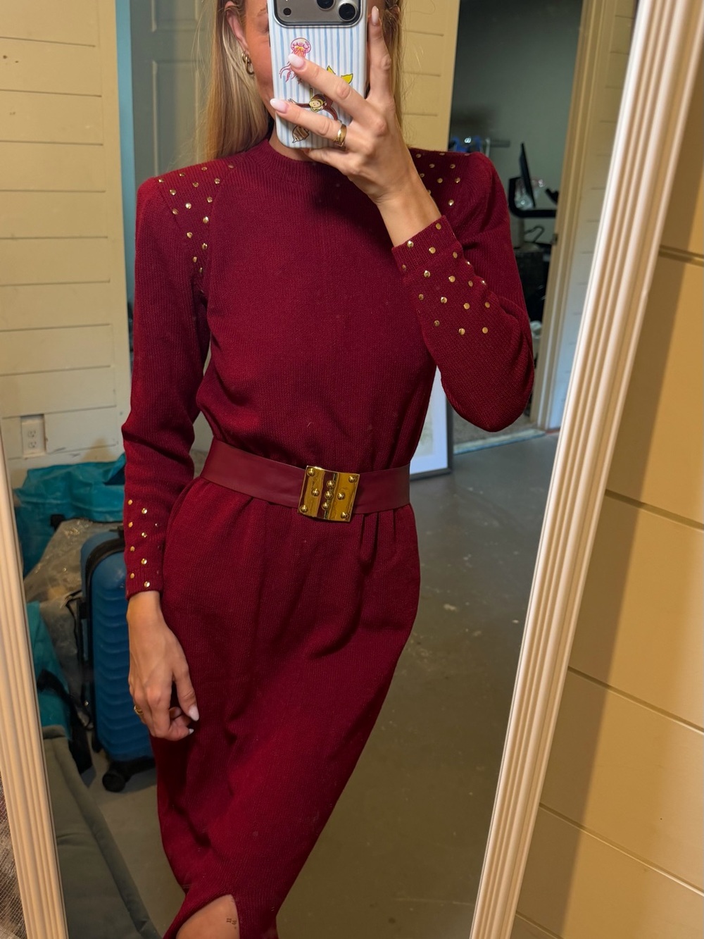 St. John Burgundy Knit Long-Sleeve Dress with Gold Studs